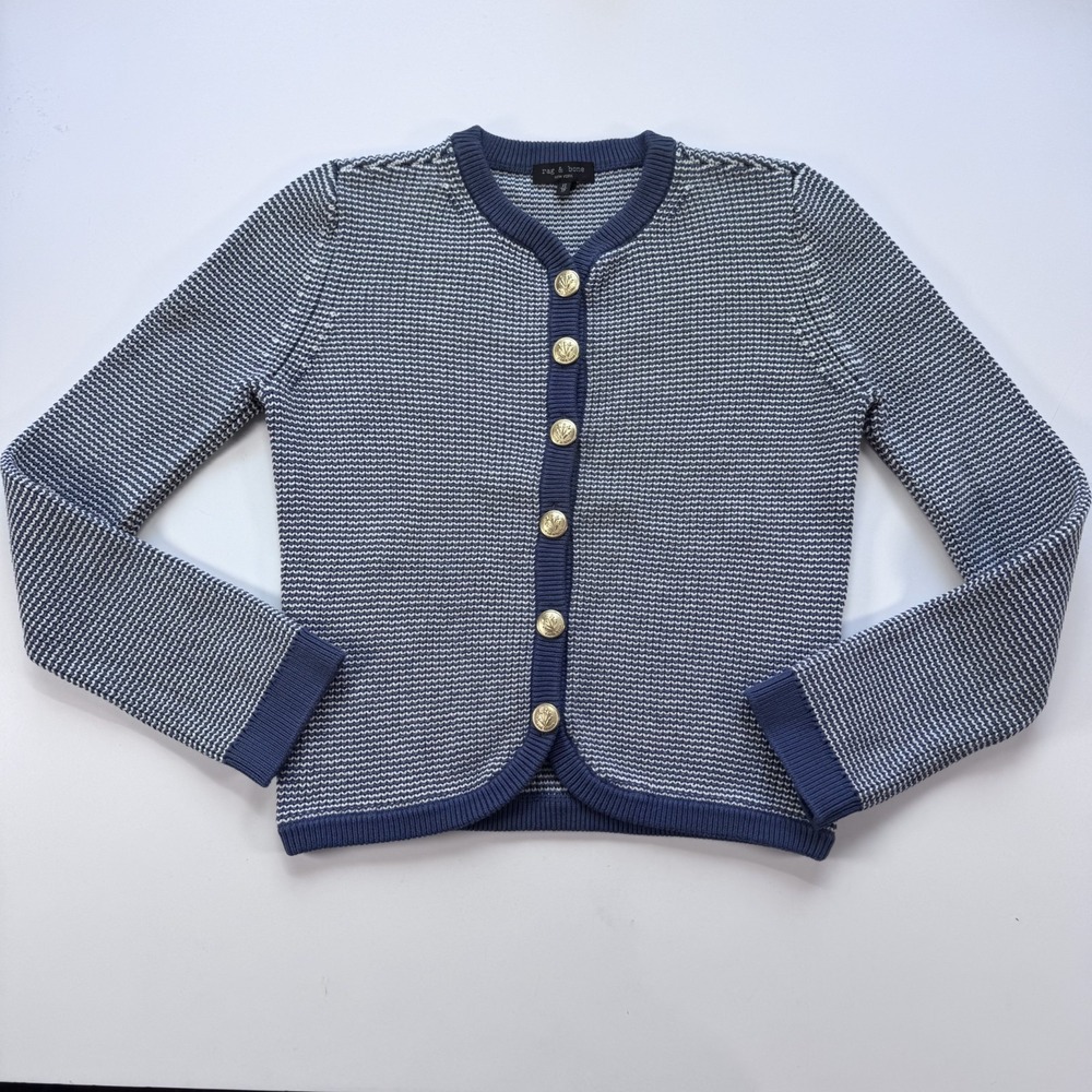 RAG & BONE Blue Nora Cardigan Sweater Knit Brass Buttons Womens XS